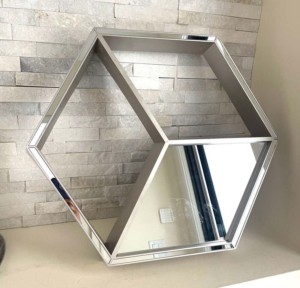 Modern Hexagon Floating Cube Wall Shelf with Mirror Accent